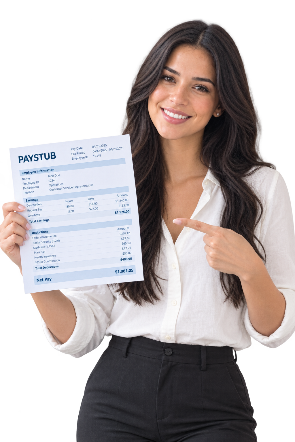 A person holding up a sample pay stub created with EasyIncomeDocs