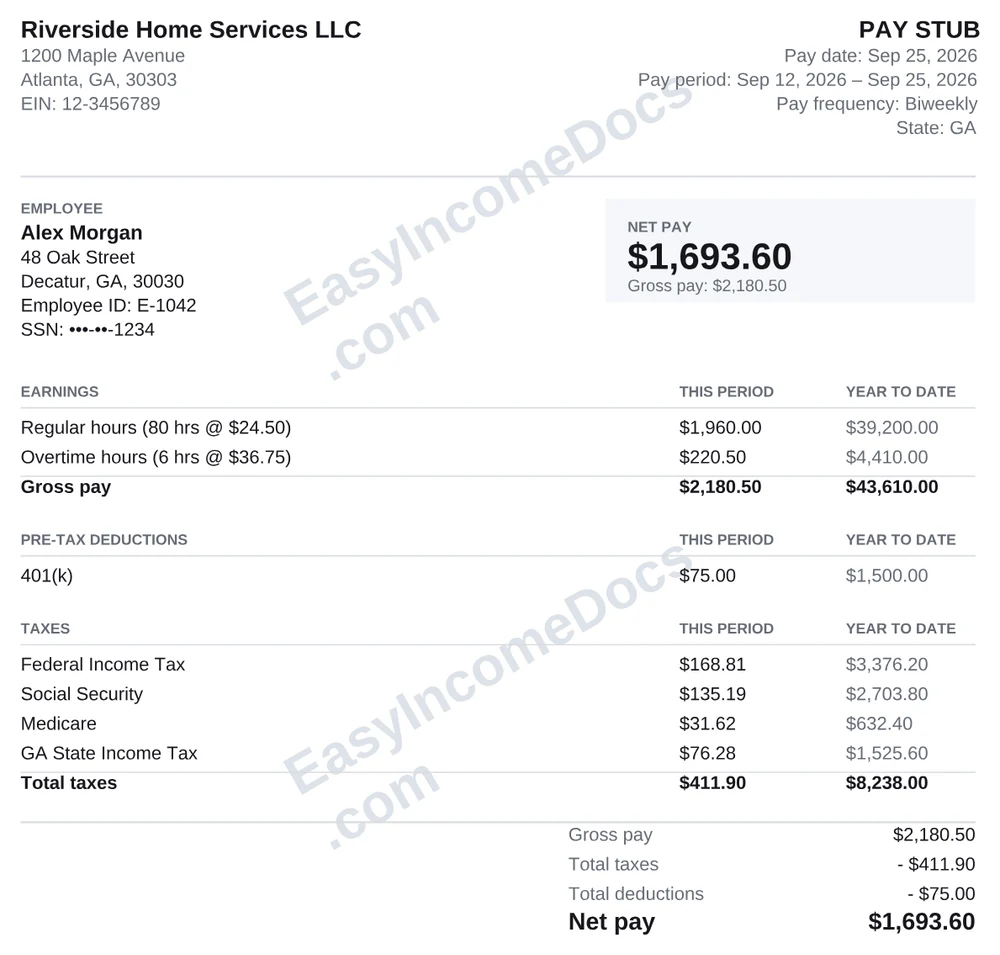 Classic pay stub example, full page, with made-up sample details