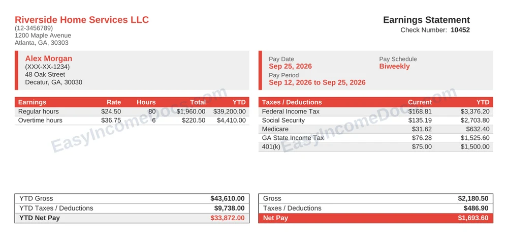 Compact Coral pay stub example, check-stub size, with made-up sample details