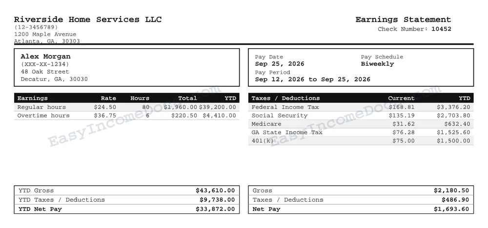 Compact Ledger pay stub example, check-stub size, with made-up sample details