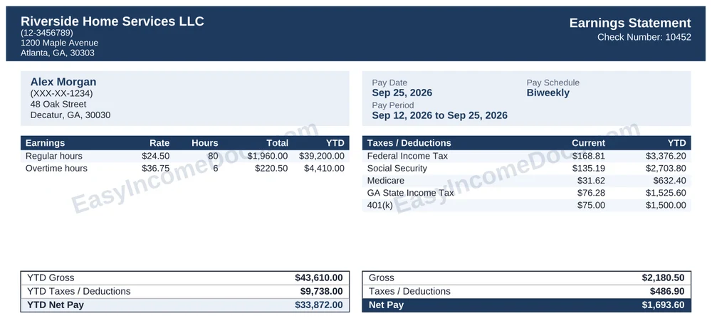 Compact Navy pay stub example, check-stub size, with made-up sample details