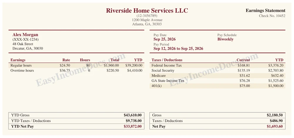 Compact Serif pay stub example, check-stub size, with made-up sample details