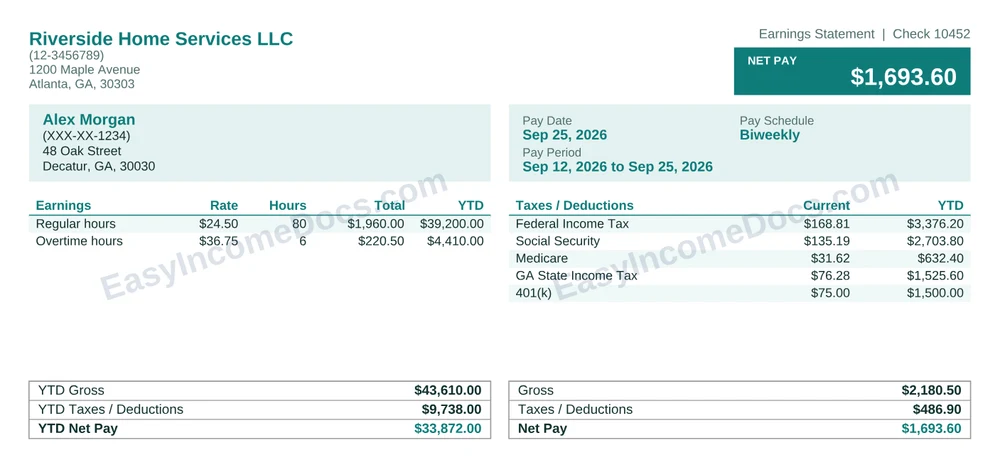 Compact Teal pay stub example, check-stub size, with made-up sample details