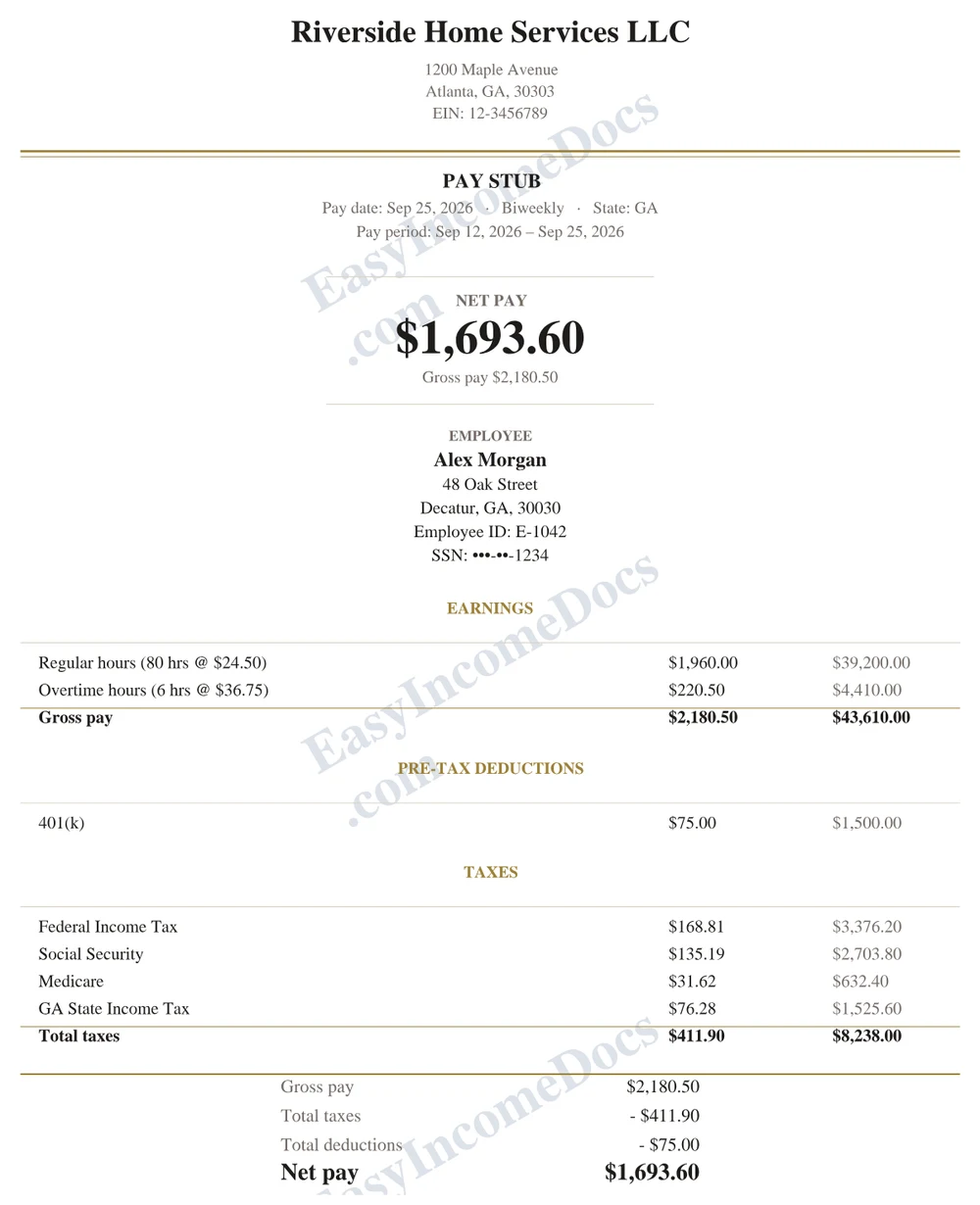 Elegant Serif pay stub example, full page, with made-up sample details