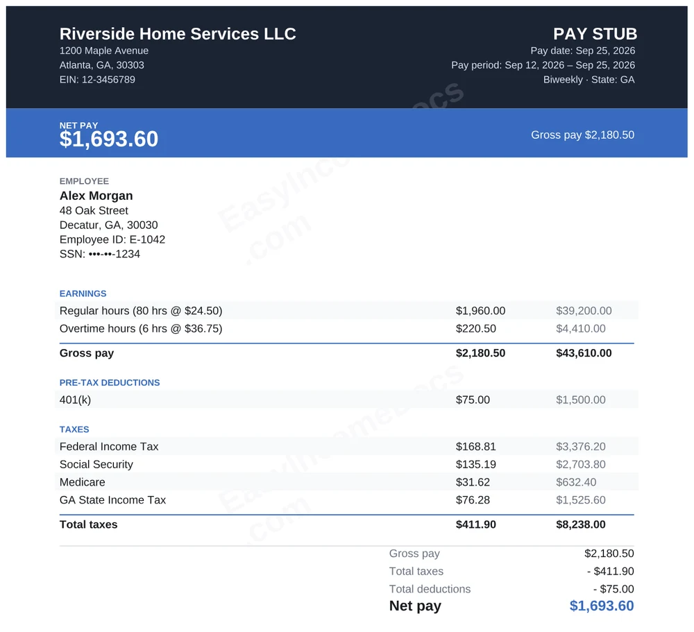 Modern Slate pay stub example, full page, with made-up sample details