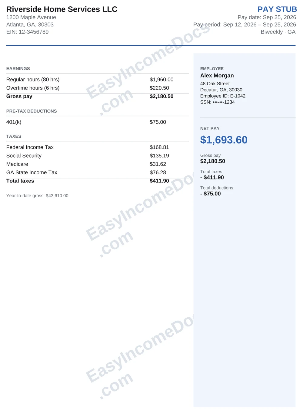 Sidebar pay stub example, full page, with made-up sample details